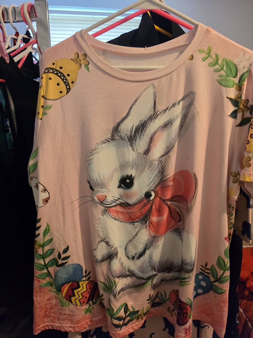 Cute Bunny Graphic Tee in Light Pink with Red Bow